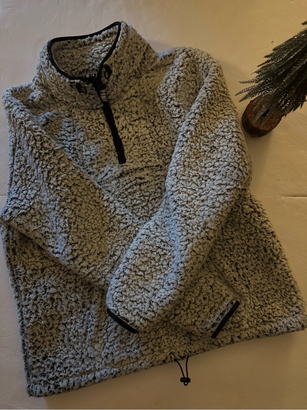 PINK Victoria's Secret Gray Sherpa Quarter-Zip Pullover